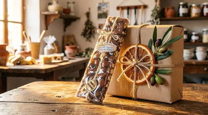 Croccante alle mandorle e confezione regalo con arancia essiccata e ramo di ulivo